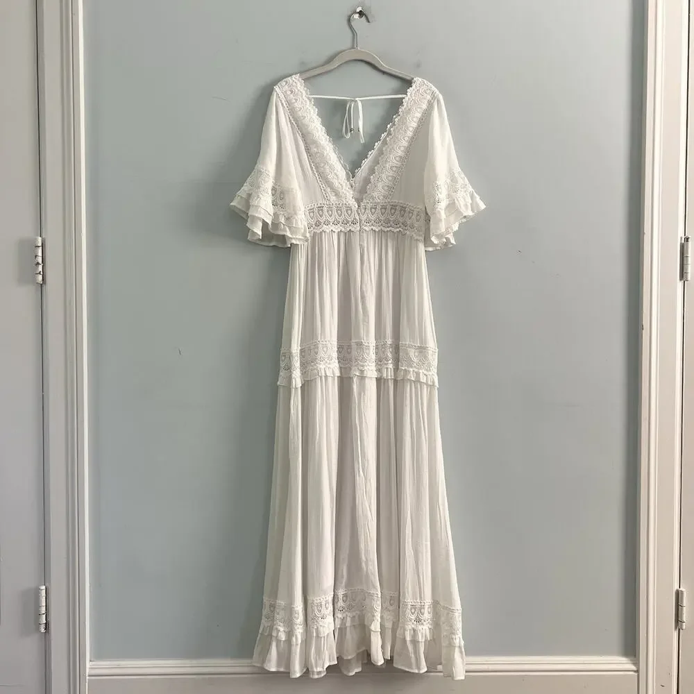NWT BluIvy V Neck Lace Crochet Trim White Maxi Dress - Picture 3 of 6